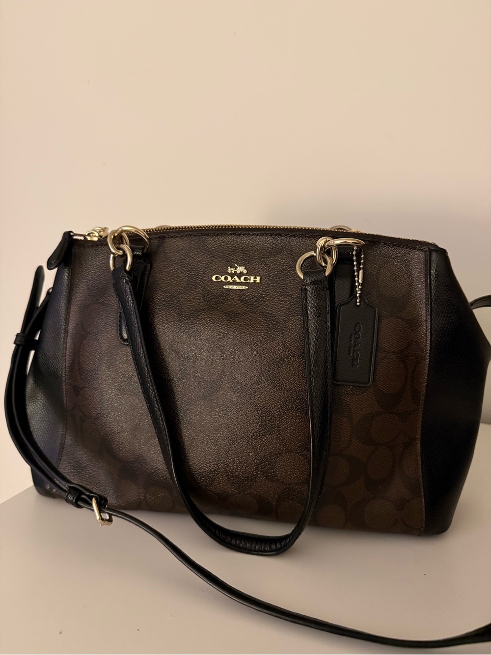 Coach Brown Signature Canvas Shoulder Bag with Black Trim